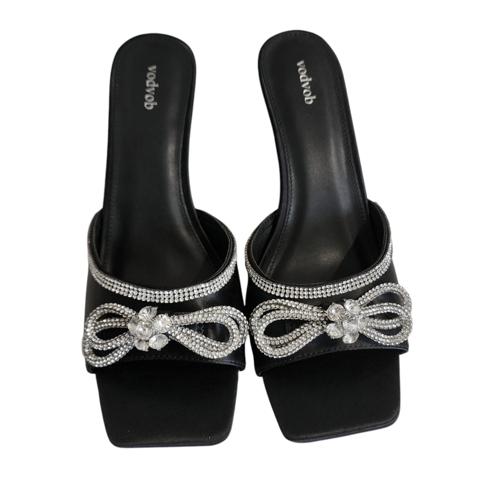 Vodvob Rhinestone Bow Black Square Toe Heels Women's Size 8